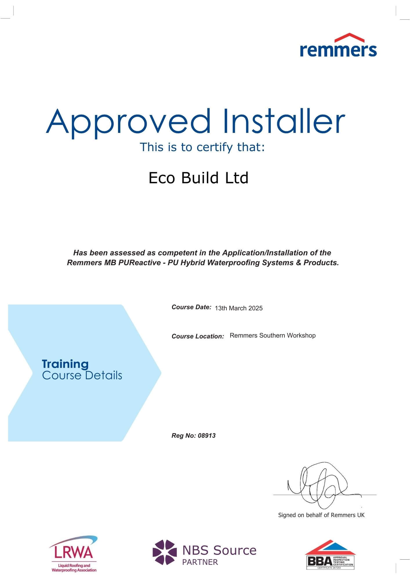 Certificate confirming completed training in roofing systems